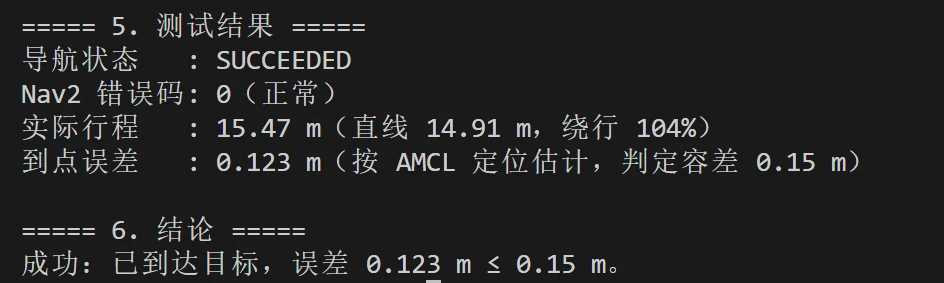 终端输出：一次成功导航的状态、行程与到点误差